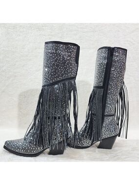 Western Diva Black Asymmetrical Fringe Rhinestone Glam Cowgirl Boots